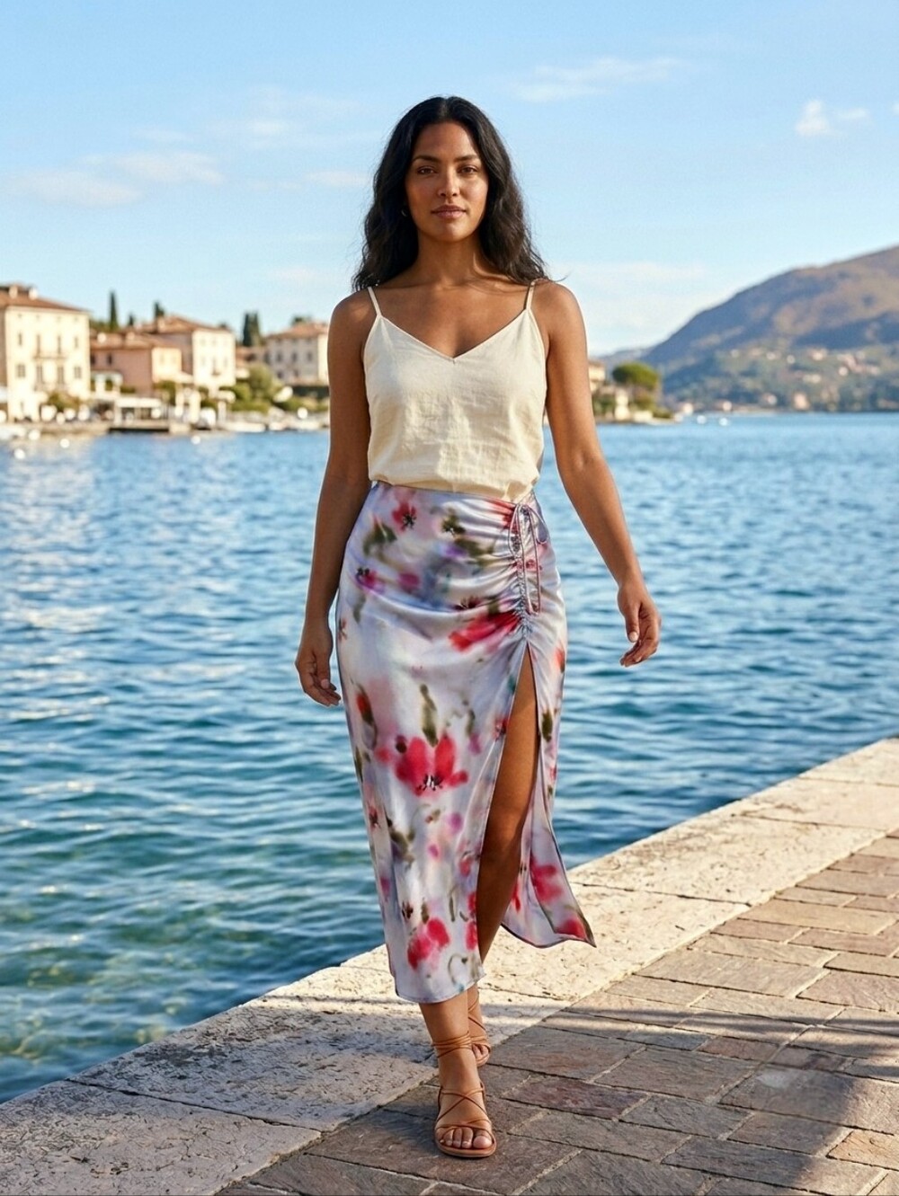 ZARA Floral Satin Ruched Side Maxi Skirt size M